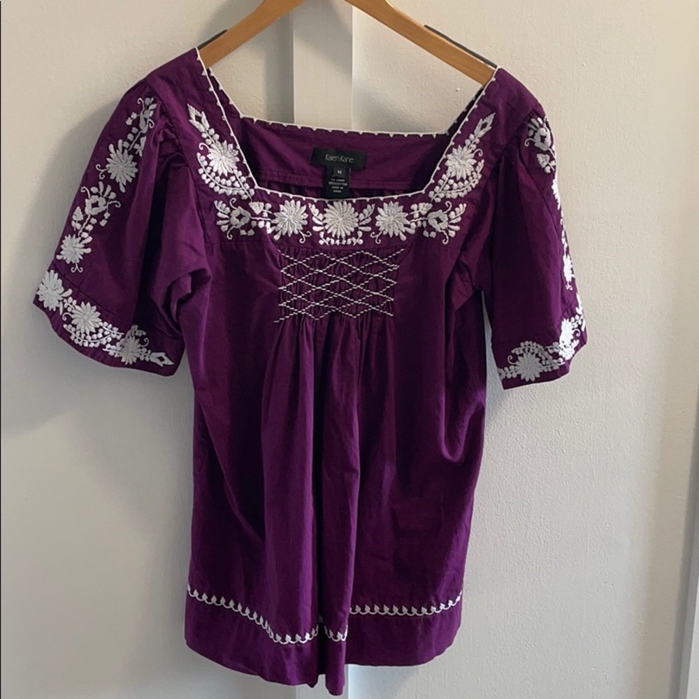 Karen Kane boho embroidered smocked top